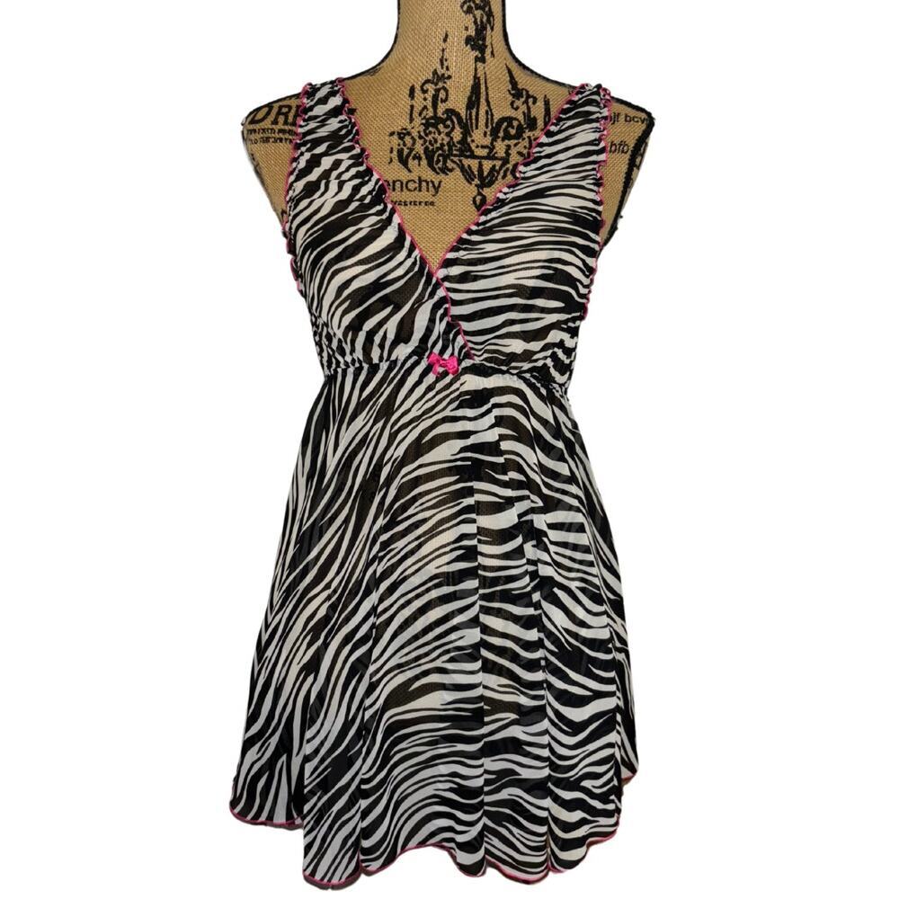 Vintage Cabernet Zebra Mini Dress Sheer Ruffle Black White Pink Size Medium Y2k